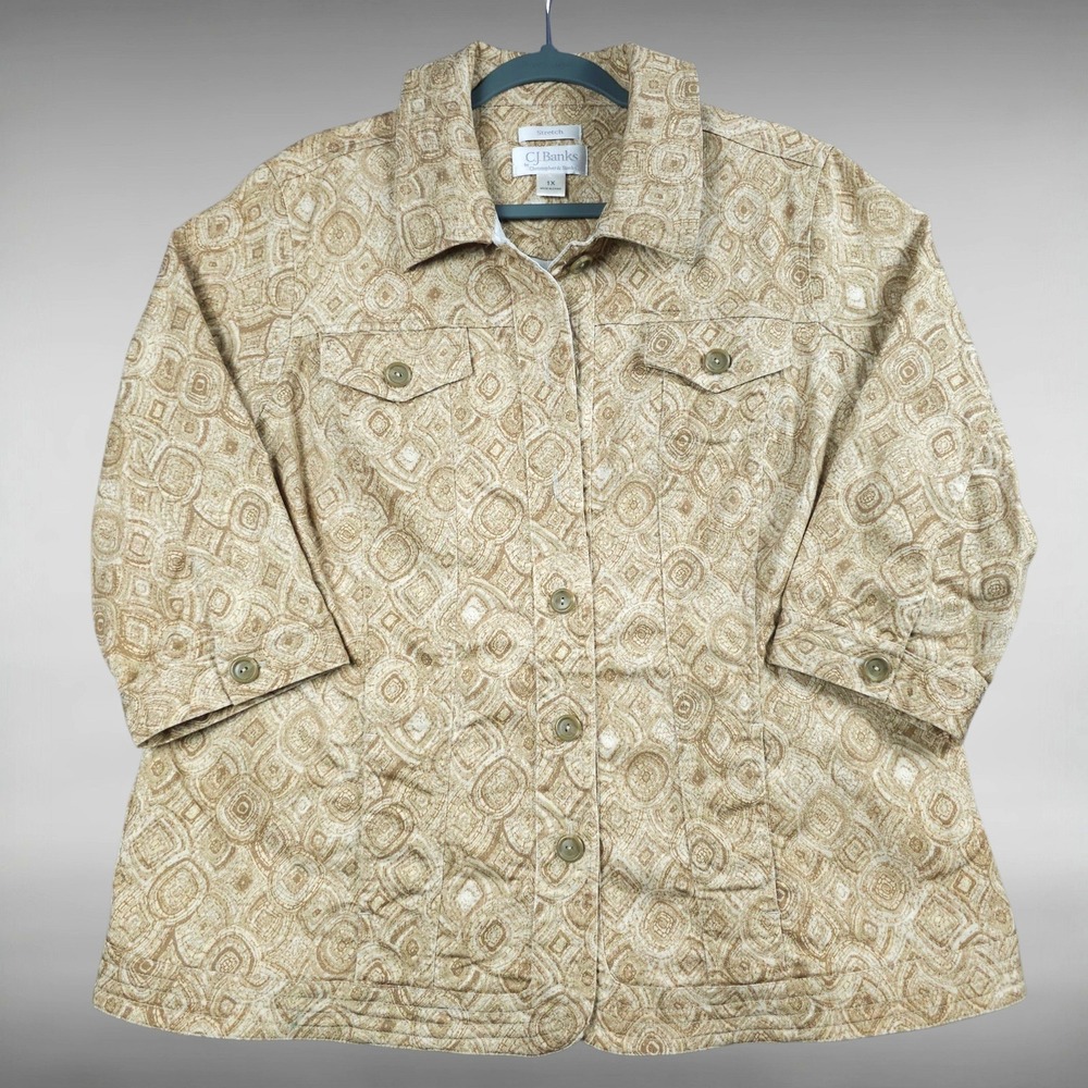 Boho Utility Jacket Tan Beige Button Up Stretch Shacket 1X